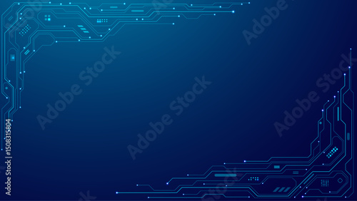 Blue abstract digital background featuring a tech frame built from circuit board lines and microchip elements. Modern, high-tech design ideal for innovation and technology themes. Vector illustration
