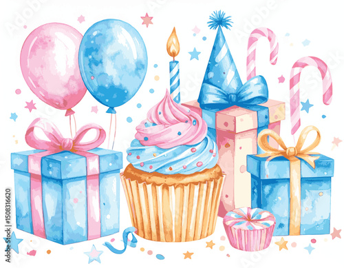 Watercolor birthday celebration with cupcake, balloons, gifts, and party hats for festive occasion, watercolor illustration