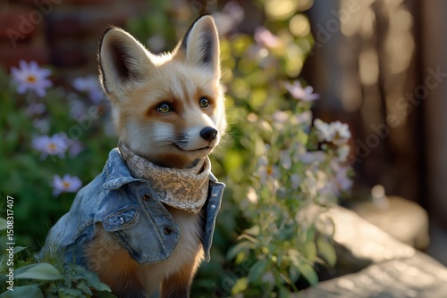 Charming fox in denim jacket surrounded by blooming flowers