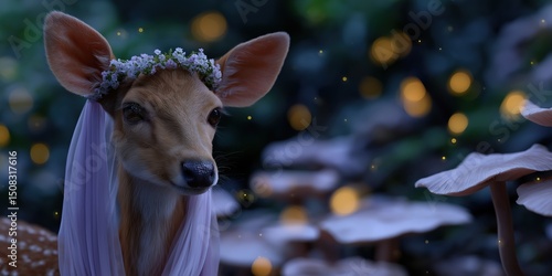 Enchanted fawn with flower crown in a magical forest at night