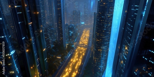 Futuristic cityscape at night with illuminated skyscrapers and busy highway