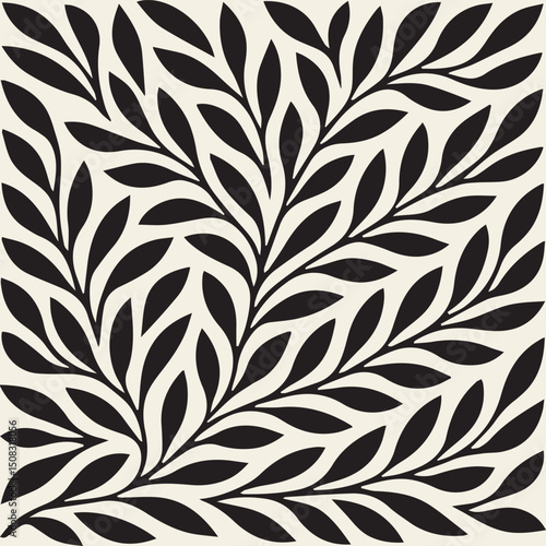 Vector seamless botanical pattern featuring bold black leafy branches on a light background. The organic shapes and flowing composition create a natural and elegant look