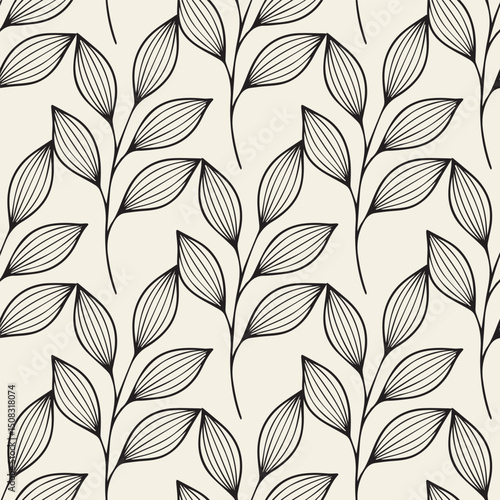 Vector seamless botanical pattern featuring delicate hand-drawn leaves with fine line detailing. The elegant black contour leaves create a light, airy feel on a soft background