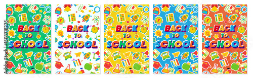 Back to school poster collection trendy typography on memphis background cartoon style for poster, post social media. Vector 10 eps