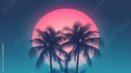 Silhouettes of palm trees against a vibrant pink sun.
