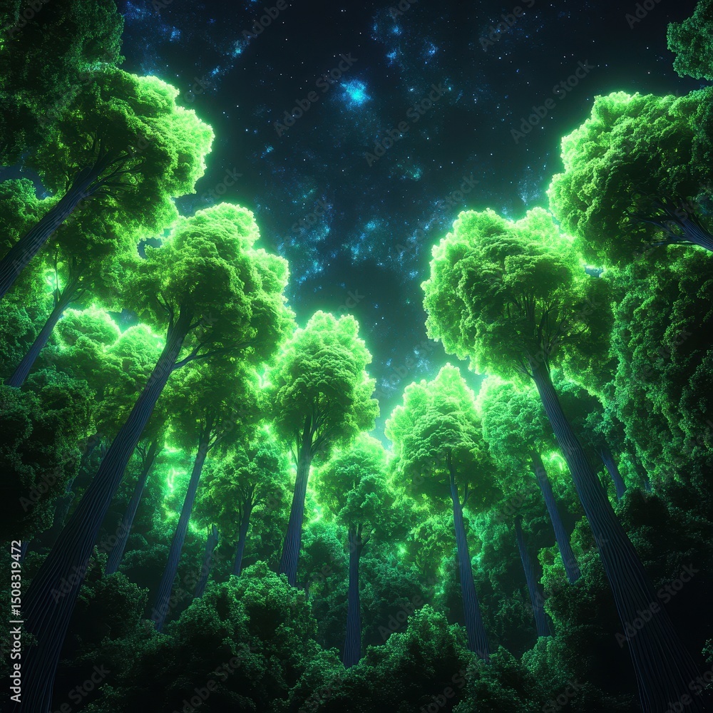 Fototapeta premium Serene 3D Digital Forest with Glowing Trees and Holographic Elements in a Night Sky