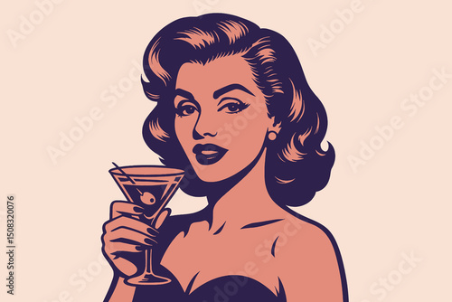 Woman holding martini retro comic style vector illustration