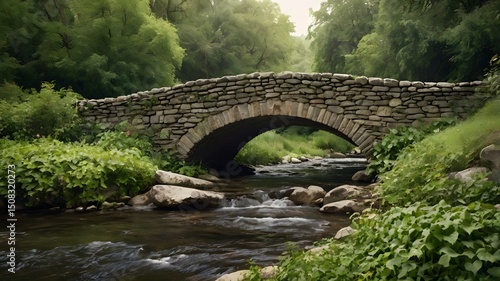A weathered stone bridge spanning a small creek surrounded by dense greenery