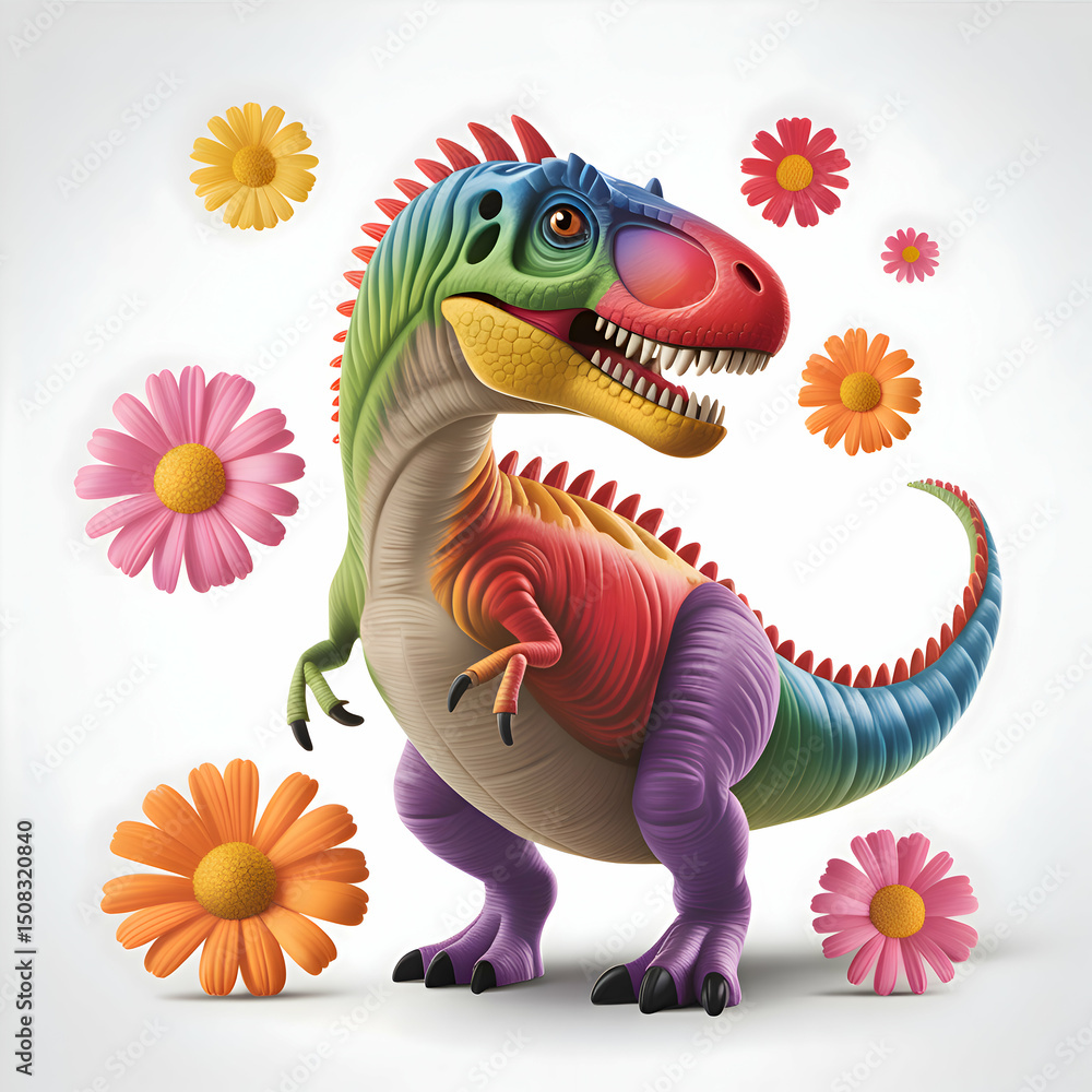 Fototapeta premium Colorful dinosaur surrounded by bright flowers, showcasing creativity and whimsy in a playful atmosphere Generative AI
