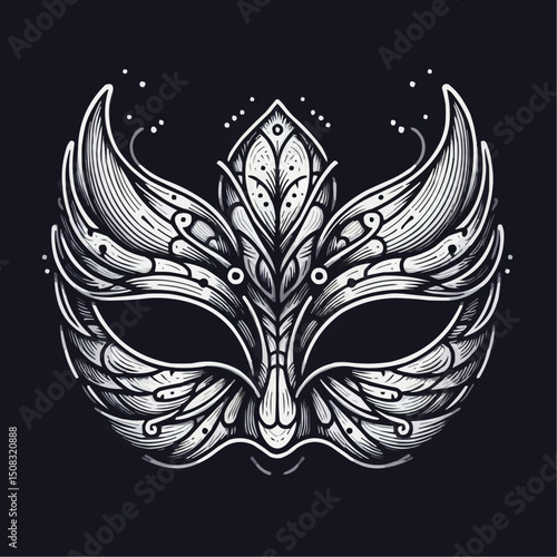 Masquerade mask illustration, mysterious mood, elegant design, on black background