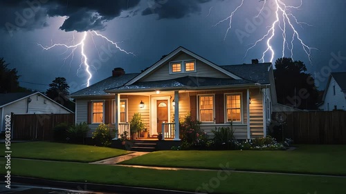 Residential house illuminated warmly during intense thunderstorm with multiple lightning strikes in dark night sky, dramatic weather scene

