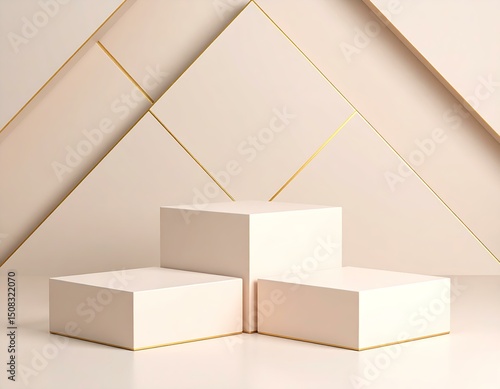 Elegant Beige Display Platform with Gold Accents and Geometric Background