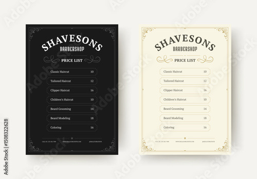 Elegant barbershop flyer with vintage style layout, ornate borders, structured price list, and minimalist design suitable for hairdressing businesses. Vector illustration