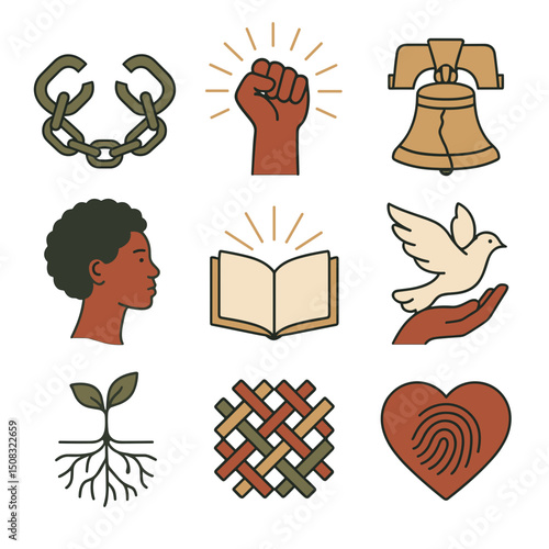 Symbols representing Juneteenth and concept of vector icon set  