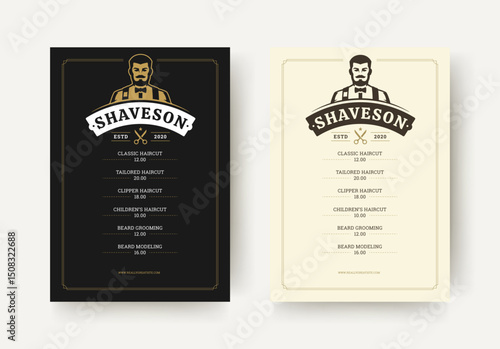 Barbershop flyer featuring a male character mascot, vintage layout, classic price list, scissors icon, and decorative borders. Suitable for print and branding. Vector illustration