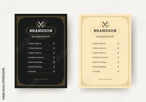 Barbershop flyer design with uniform service pricing, vintage ornamental borders, scissors icon, and classic layout for promotional use. Suitable for print and branding. Vector illustration