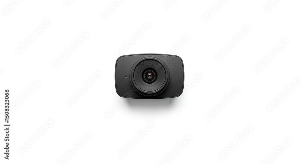 Fototapeta premium High-angle, top-down view of a dark gray, rectangular action camera. A clear lens is visible
