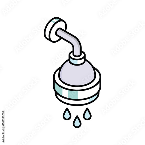 An editable isometric icon of mounted shower head spraying