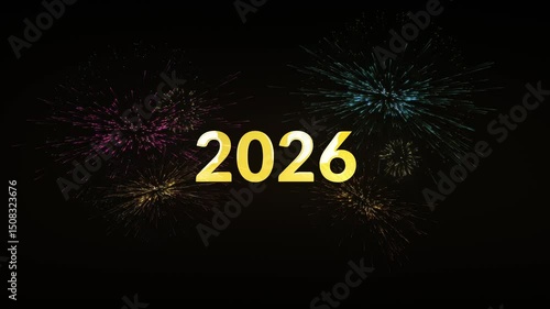 Happy new year 2026 golden numbers on dark background. Fireworks forming golden shiny New Year 2026 lettering animation. Christmas celebration concept. Animated text with sparkling effects. 