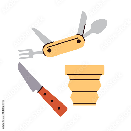 Flat illustration of camping utensils including a folding multi-tool with knife, fork and spoon, a fixed blade knife, and a collapsible cup. Represents essential gear for outdoor cooking and meals
