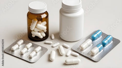 Medicine bottle with syrup and pills on white background