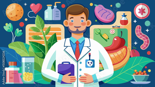 Cartoon gastroenterologist doctor with clipboard in front of digestive system illustrations, healthy food and medical elements