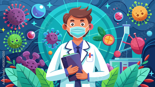 Cartoon virologist doctor in white coat and mask holding clipboard surrounded by colorful viruses and lab equipment in scientific environment