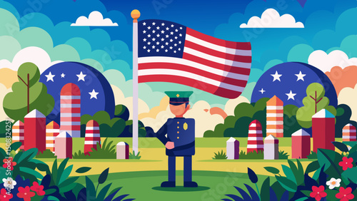 Cartoon soldier saluting in front of waving American flag at colorful cemetery with patriotic decorations and memorial markers