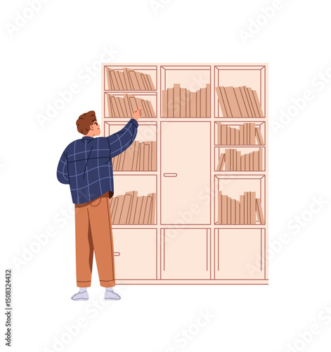 Boy takes paper book from shelf of bookcase in bookstore or school library. Student chooses textbook for learning, novel for reading on bookshelf back view. Flat isolated vector illustration on white