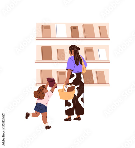 Kid runs, carries to show mother a book, asks to buy. Parent holds cart, chooses novels on shelves of bookstore. Family is shopping together in bookshop. Flat isolated vector illustration on white