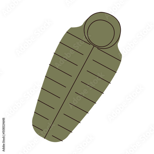 Flat illustration of a green mummy style sleeping bag with stitched sections and a hood. Represents essential camping gear for staying warm during outdoor overnight adventures. Vector illustration