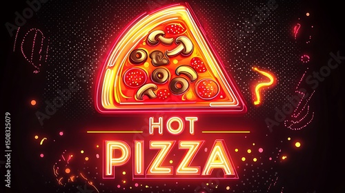 Neon sign design of a pizza slice with the words 