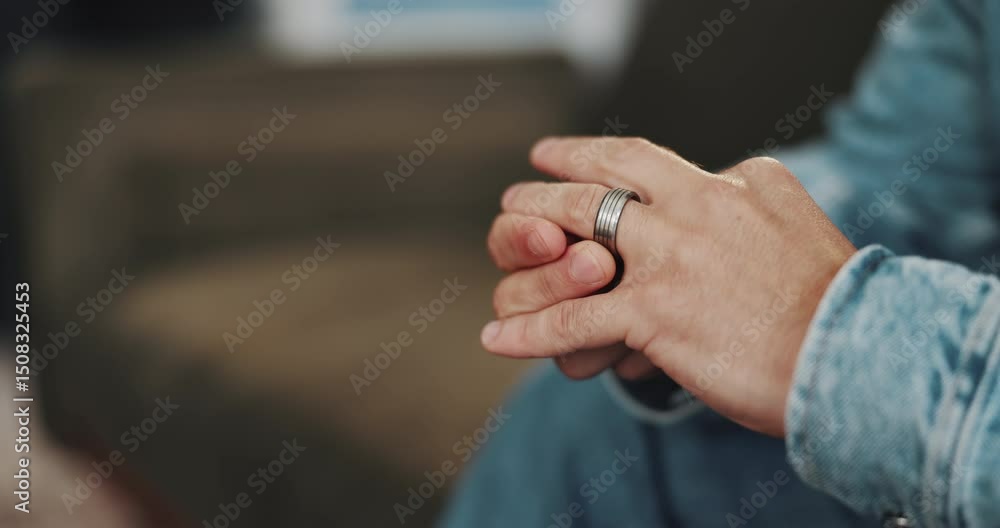 Divorce, hands and man with ring, counselling and toxic marriage with relationship, sad or frustrated. Closeup, anxiety or person with doubt, infidelity or secret affair with mistake or consultation Divorce, hands and man with ring, counselling and toxic marriage with relationship, sad or frustrated. Closeup, anxiety or person with doubt, infidelity or secret affair with mistake or consultation