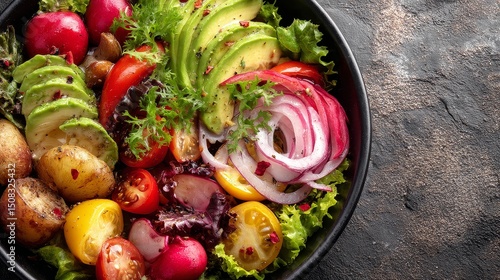 Vegan salad bowl with fresh vegetables healthy food choices in a rustic kitchen setting