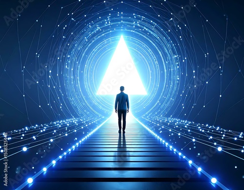 Digital Transformation Man Walking Towards Futuristic Triangle Gateway