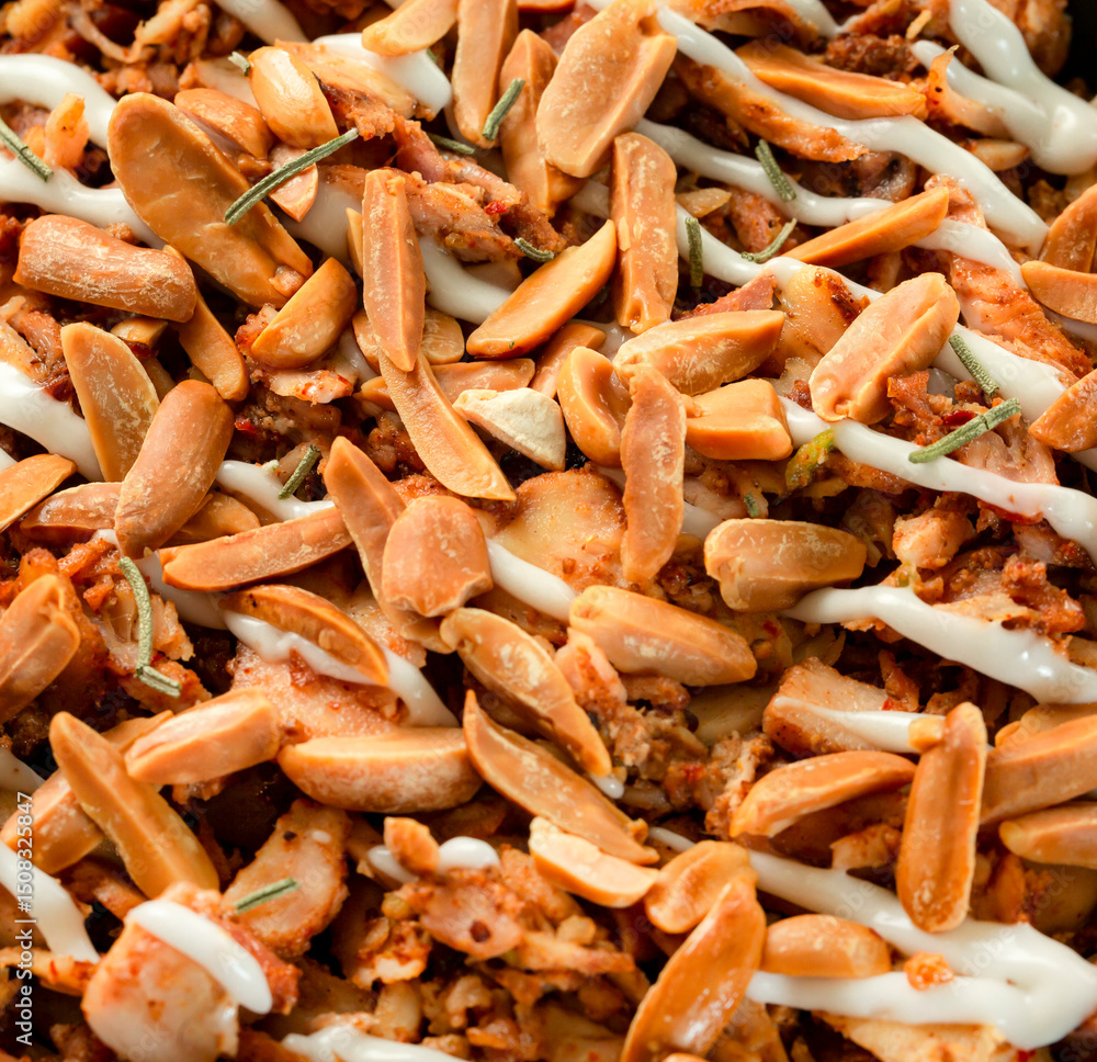 Close-Up of Shawarma Fatteh with Nuts – Syrian-Style Dish Close-Up of Shawarma Fatteh with Nuts – Syrian-Style Dish