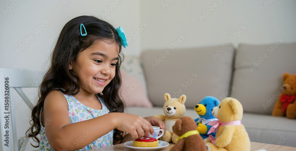 Cute girl having tea party with teddy bears on sofa with blue hairclip. Childhood imagination and pretend play concept for toy store promotions and daycare activities Cute girl having tea party with teddy bears on sofa with blue hairclip. Childhood imagination and pretend play concept for toy store promotions and daycare activities