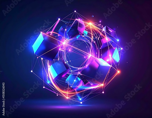 Neon Cubes Network Futuristic 3D Digital Abstract Art