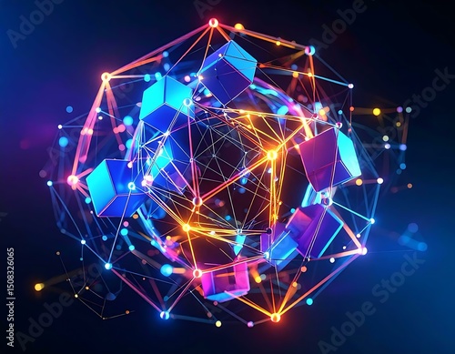 Neon Geometric Abstract Art 3D Shiny Cubes, Spheres, Orbit