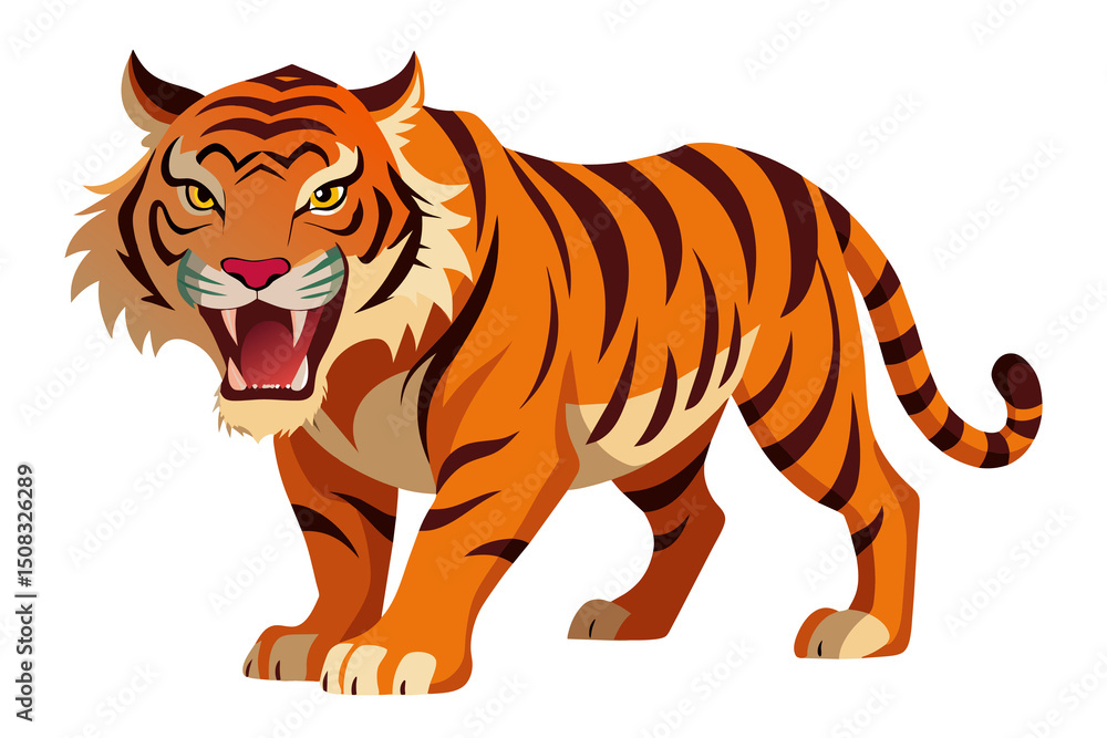 Obraz premium Wild bengal tiger cartoon vector illustration on a white background with black stripes