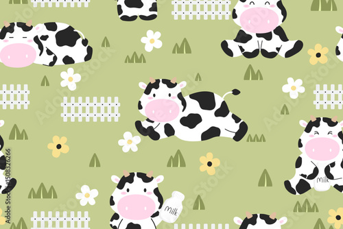 seamless pattern with cartoon cows and flowers