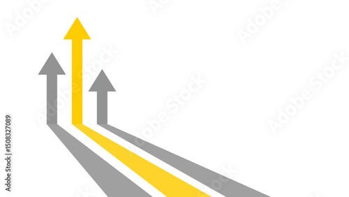 A yellow arrow leads in front of two gray arrows, all pointing upward from the bottom left on a white background. Competition and leadership concept.