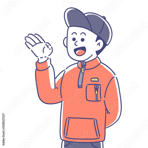 アウトドアファッションで案内する男性_上半身