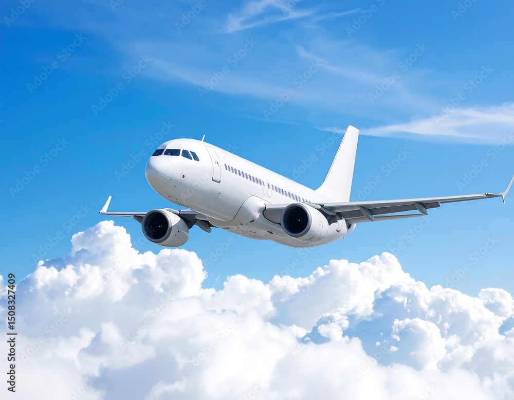 Airplane soaring through fluffy clouds Airplane soaring through fluffy clouds