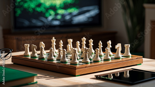 Wallpaper Mural Wooden chessboard with white pieces set up for a new game Torontodigital.ca