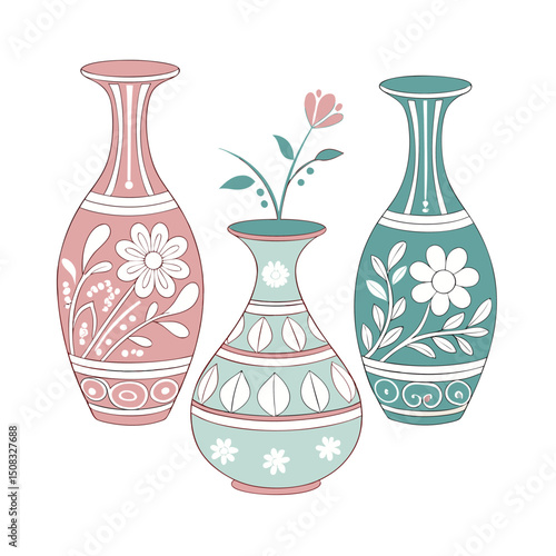A set of color Clay Flower  Vases white clean background 
