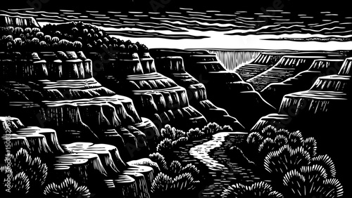 Grand Canyon illustration black and white isolated hand drawn sketch