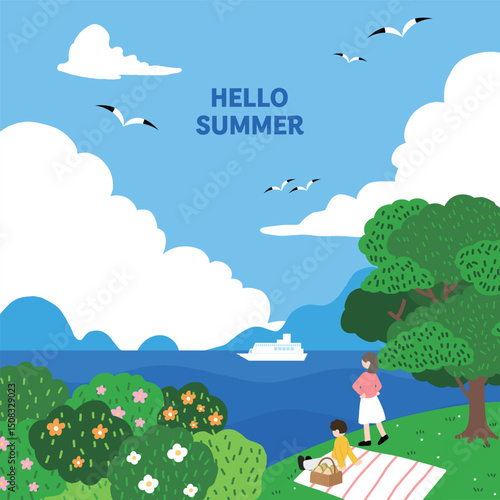 Picnic under a tree on the sea on a summer day