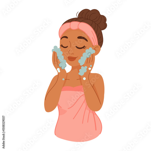 Black woman washing face with foaming facial cleanser