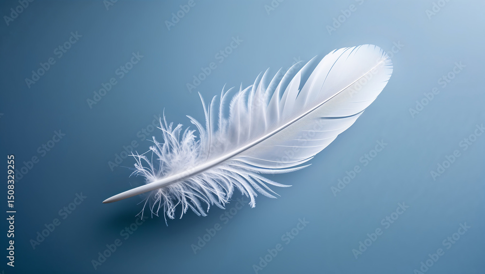 Obraz premium Single white feather lying on a blue background